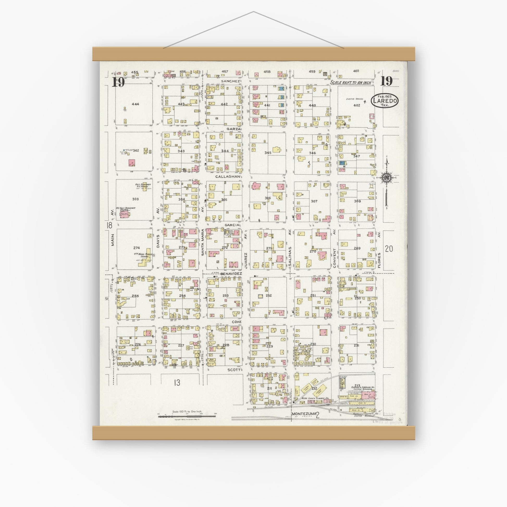 Old map wall art mockup — magnetic wood frame on white wall — Sanborn Fire Insurance Map from Laredo, Webb County, Texas (1925), Sheet #0019