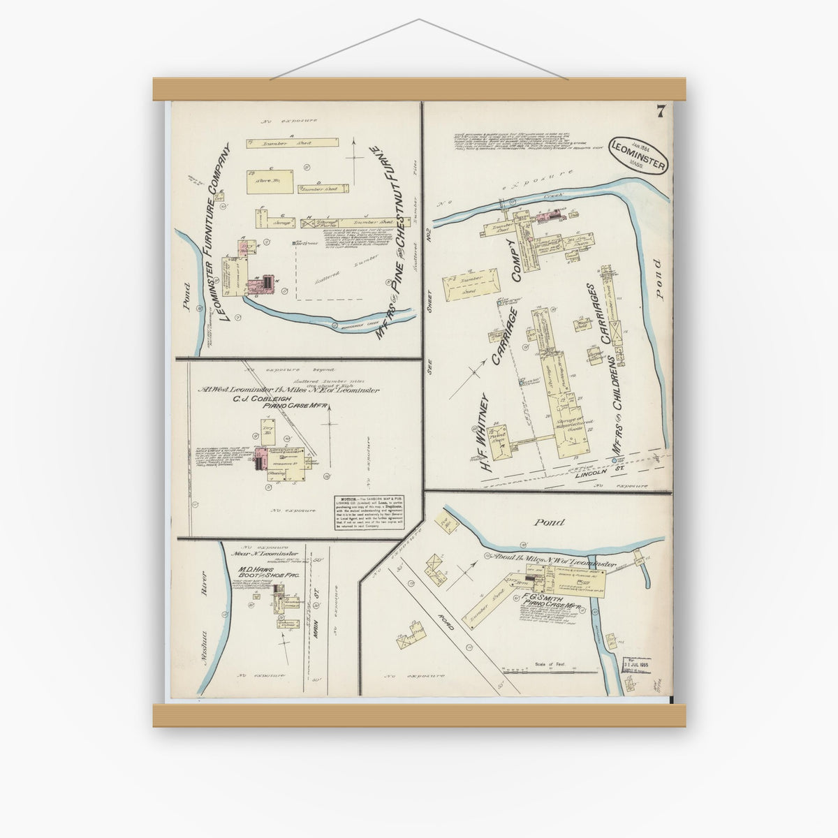 Old map wall art mockup — magnetic wood frame on white wall — Sanborn Fire Insurance Map from Leominster, Worcester County, Massachusetts (1884), Sheet #0007