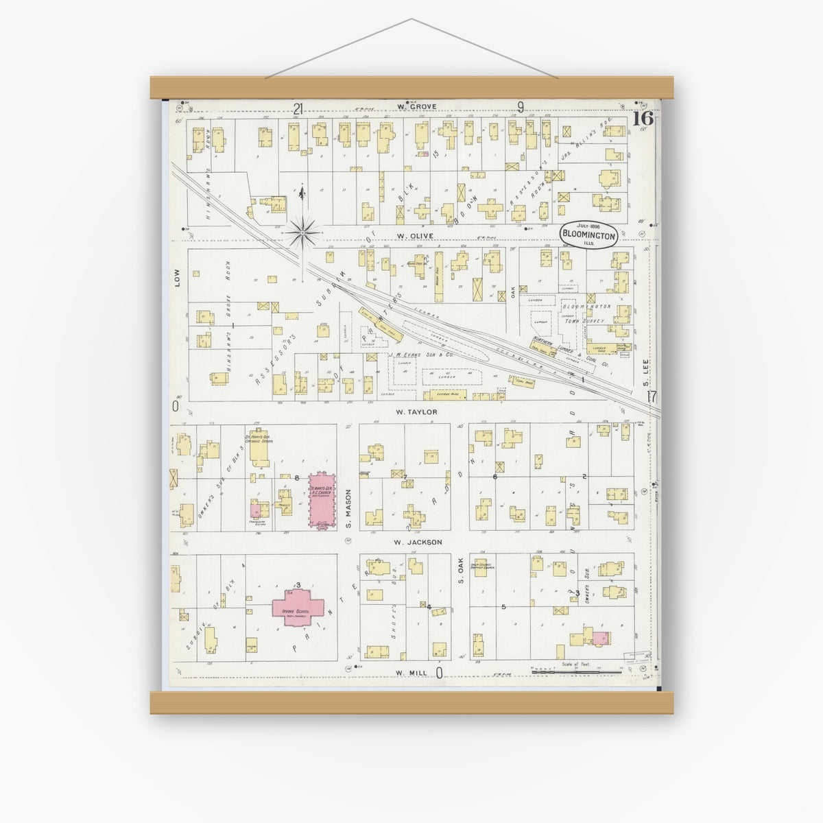 Old map wall art mockup — magnetic wood frame on white wall — Sanborn Fire Insurance Map from Bloomington, McLean County, Illinois (1896), Sheet #0016