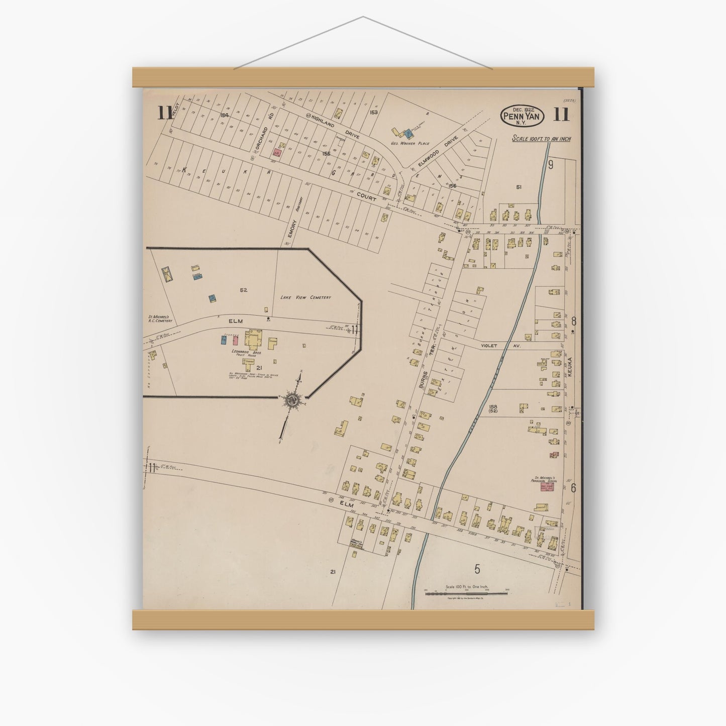 Old map wall art mockup — magnetic wood frame on white wall — Sanborn Fire Insurance Map from Penn Yan, Yates County, New York (1922), Sheet #0011