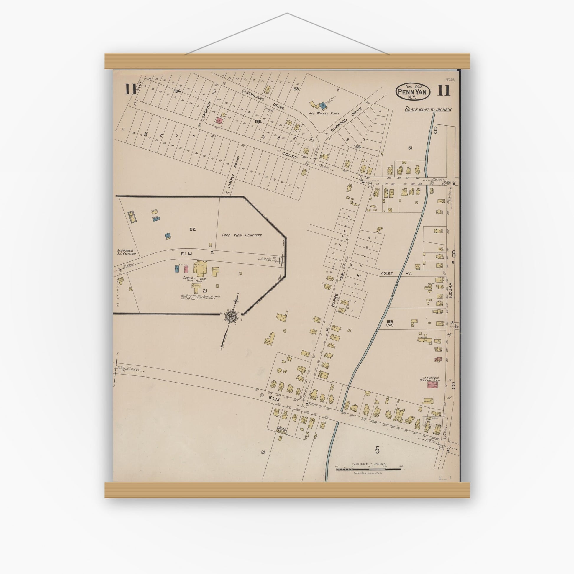 Old map wall art mockup — magnetic wood frame on white wall — Sanborn Fire Insurance Map from Penn Yan, Yates County, New York (1922), Sheet #0011