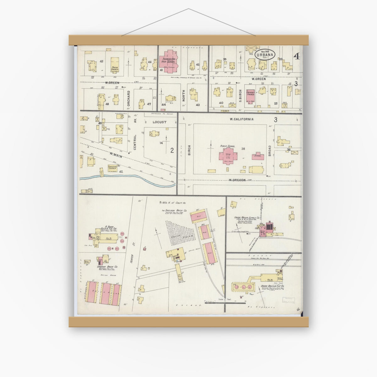 Old map wall art mockup — magnetic wood frame on white wall — Sanborn Fire Insurance Map from Urbana, Champaign County, Illinois (1897), Sheet #0004
