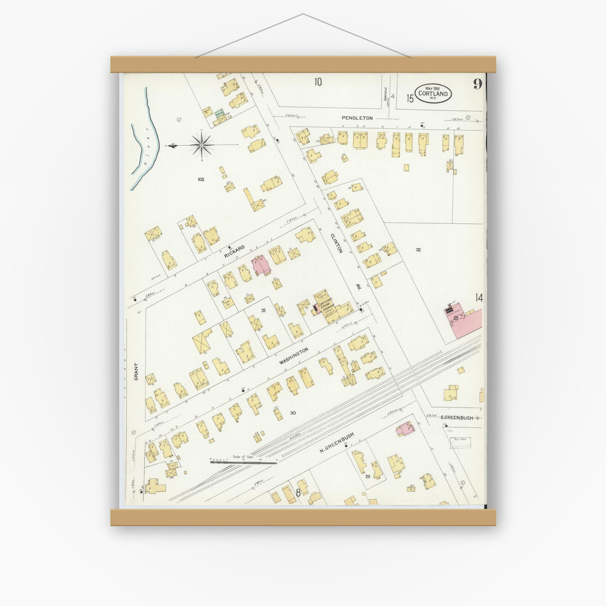 Old map wall art mockup — magnetic wood frame on white wall — Sanborn Fire Insurance Map from Cortland, Cortland County, New York (1908), Sheet #0009