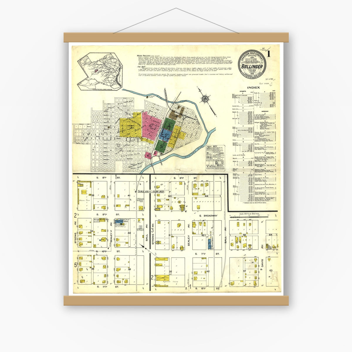 Old map wall art mockup — magnetic wood frame on white wall — Sanborn Fire Insurance Map from Ballinger, Runnels County, Texas (1915), Sheet #0001