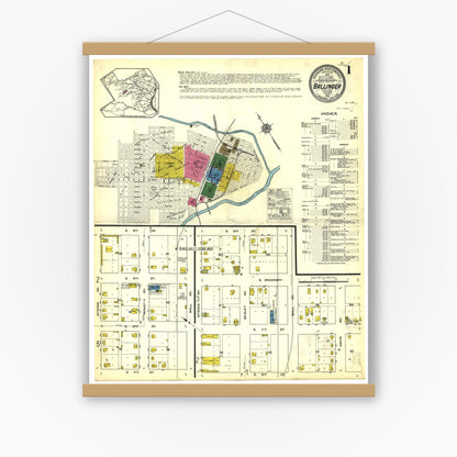 Old map wall art mockup — magnetic wood frame on white wall — Sanborn Fire Insurance Map from Ballinger, Runnels County, Texas (1915), Sheet #0001