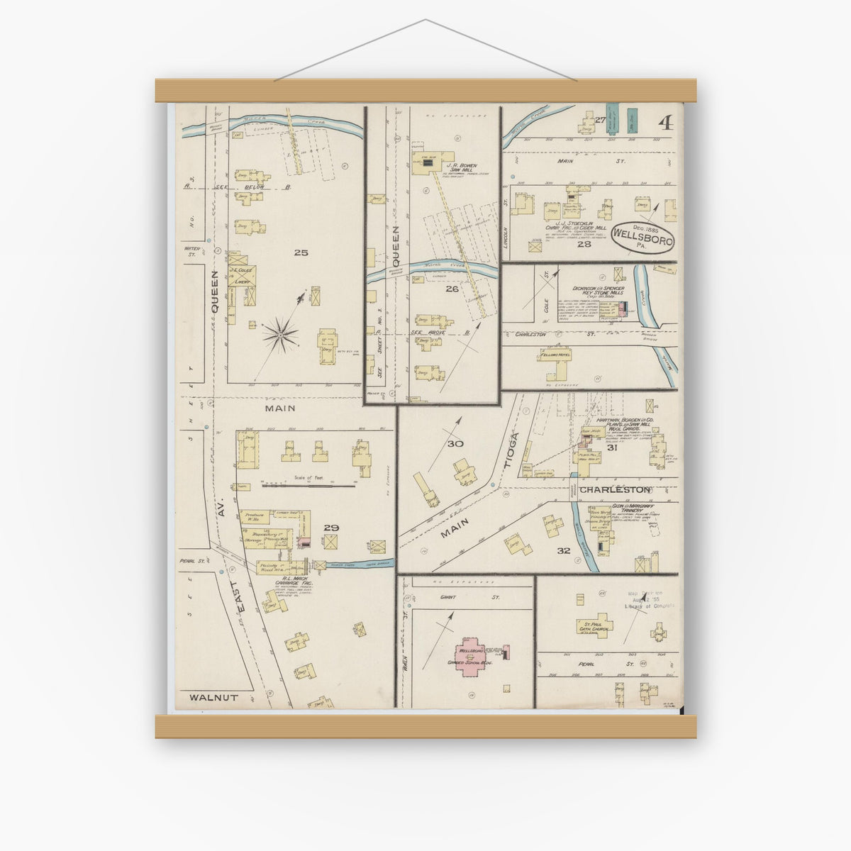 Old map wall art mockup — magnetic wood frame on white wall — Sanborn Fire Insurance Map from Wellsboro, Tioga County, Pennsylvania (1885), Sheet #0004