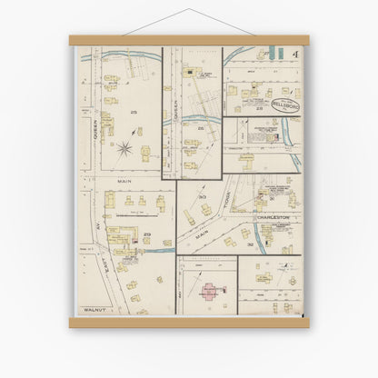 Old map wall art mockup — magnetic wood frame on white wall — Sanborn Fire Insurance Map from Wellsboro, Tioga County, Pennsylvania (1885), Sheet #0004
