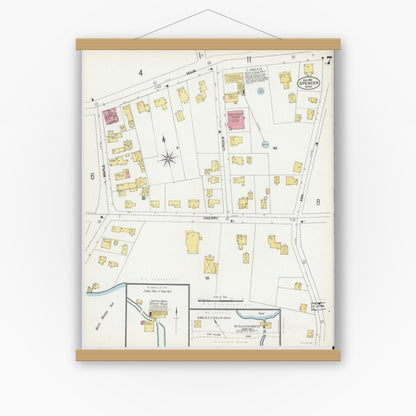 Old map wall art mockup — magnetic wood frame on white wall — Sanborn Fire Insurance Map from Spencer, Worcester County, Massachusetts (1901), Sheet #0007