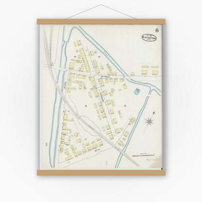 Old map wall art mockup — magnetic wood frame on white wall — Sanborn Fire Insurance Map from Blackstone, Worcester County, Massachusetts (1893), Sheet #0006