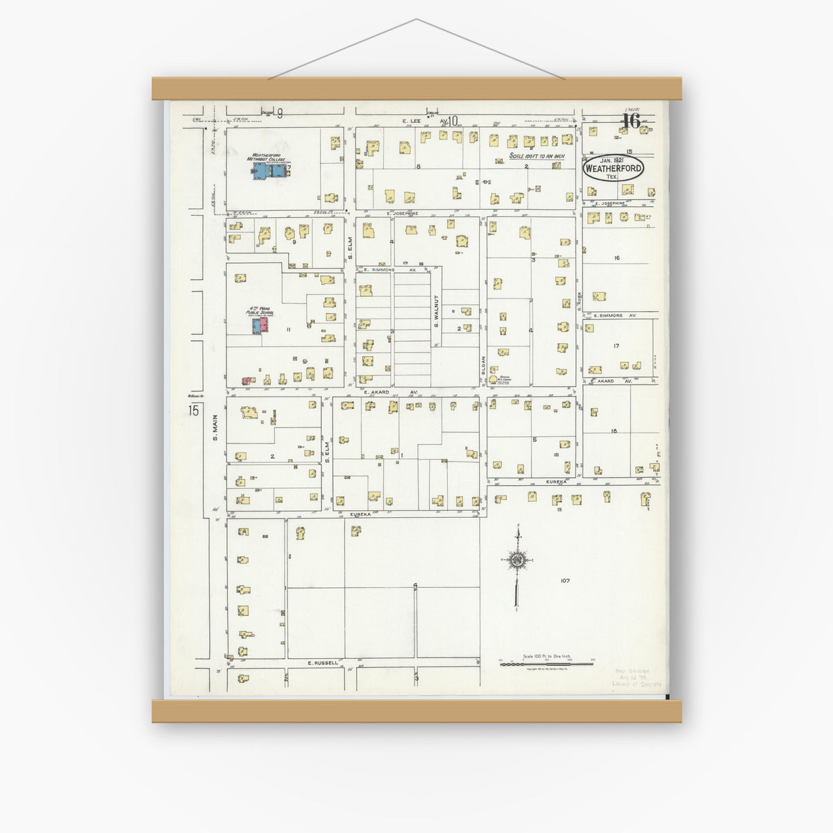Old map wall art mockup — magnetic wood frame on white wall — Sanborn Fire Insurance Map from Weatherford, Parker County, Texas (1921), Sheet #0016