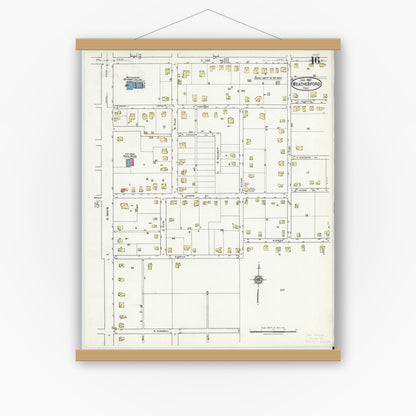 Old map wall art mockup — magnetic wood frame on white wall — Sanborn Fire Insurance Map from Weatherford, Parker County, Texas (1921), Sheet #0016