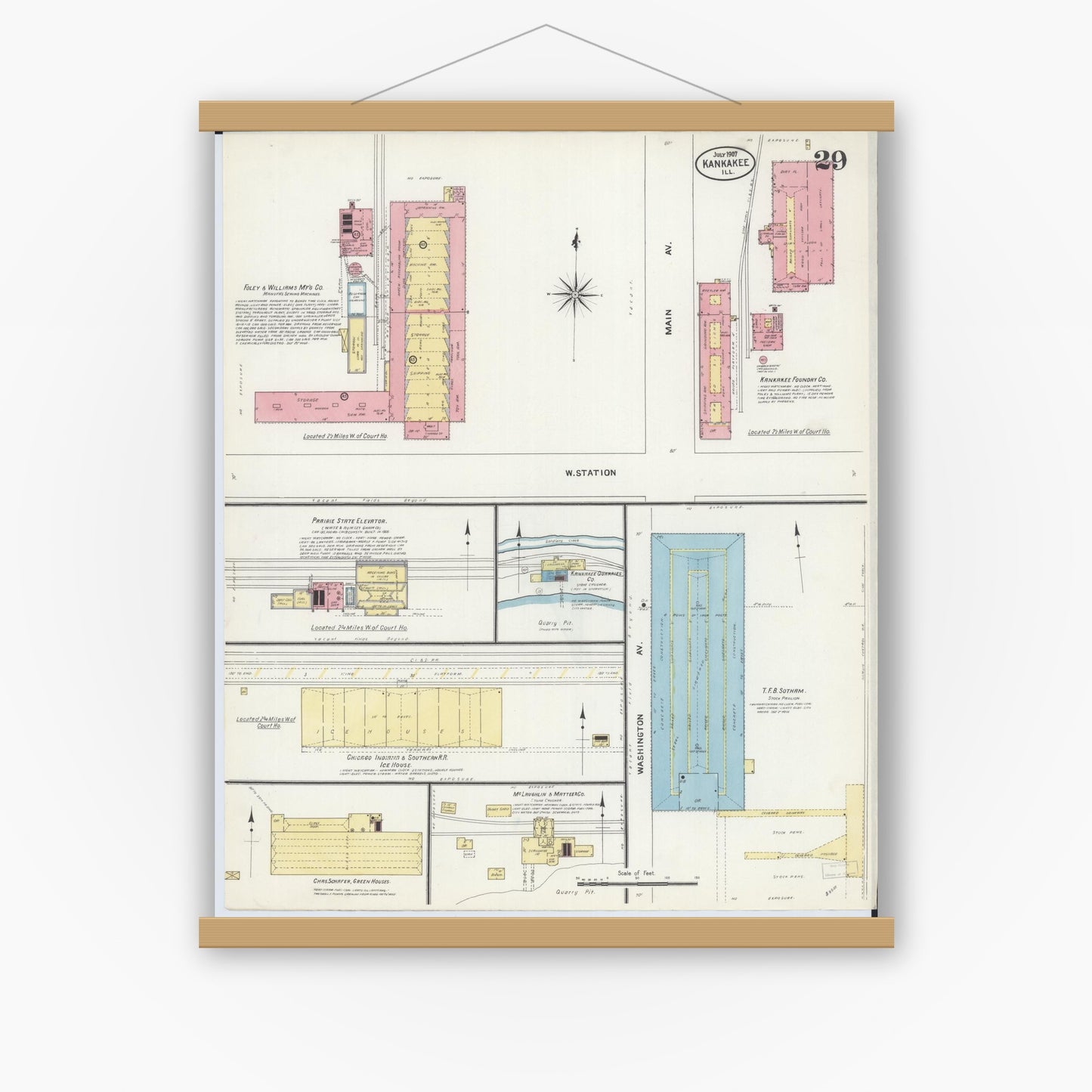 Old map wall art mockup — magnetic wood frame on white wall — Sanborn Fire Insurance Map from Kankakee, Kankakee County, Illinois (1907), Sheet #0029