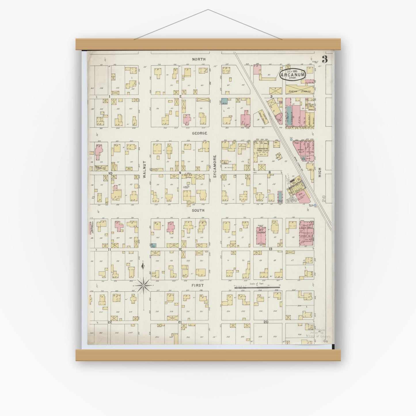 Old map wall art mockup — magnetic wood frame on white wall — Sanborn Fire Insurance Map from Arcanum, Darke County, Ohio (1895), Sheet #0003