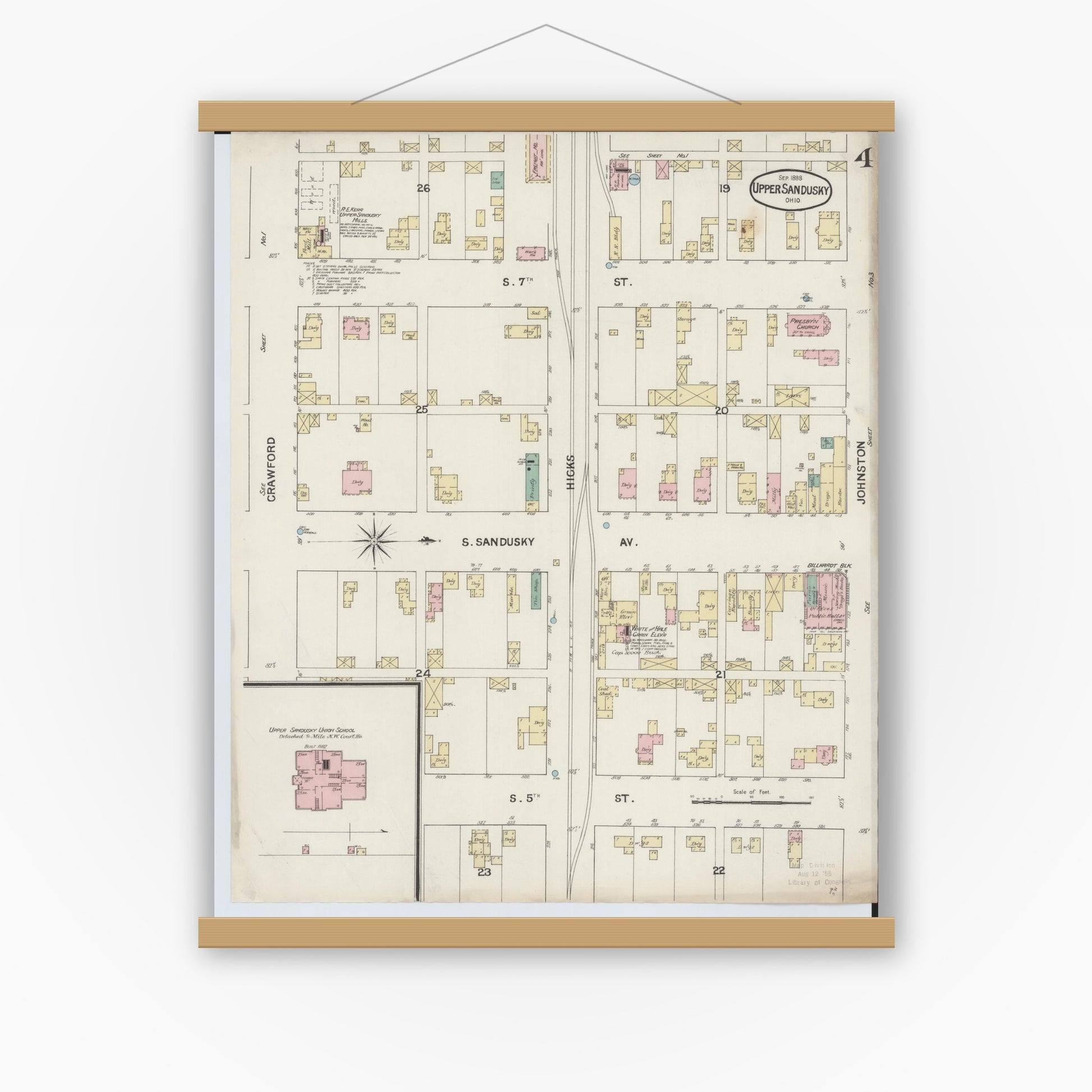 Old map wall art mockup — magnetic wood frame on white wall — Sanborn Fire Insurance Map from Upper Sandusky, Wyandot County, Ohio (1888), Sheet #0004