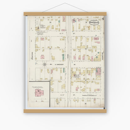Old map wall art mockup — magnetic wood frame on white wall — Sanborn Fire Insurance Map from Upper Sandusky, Wyandot County, Ohio (1888), Sheet #0004