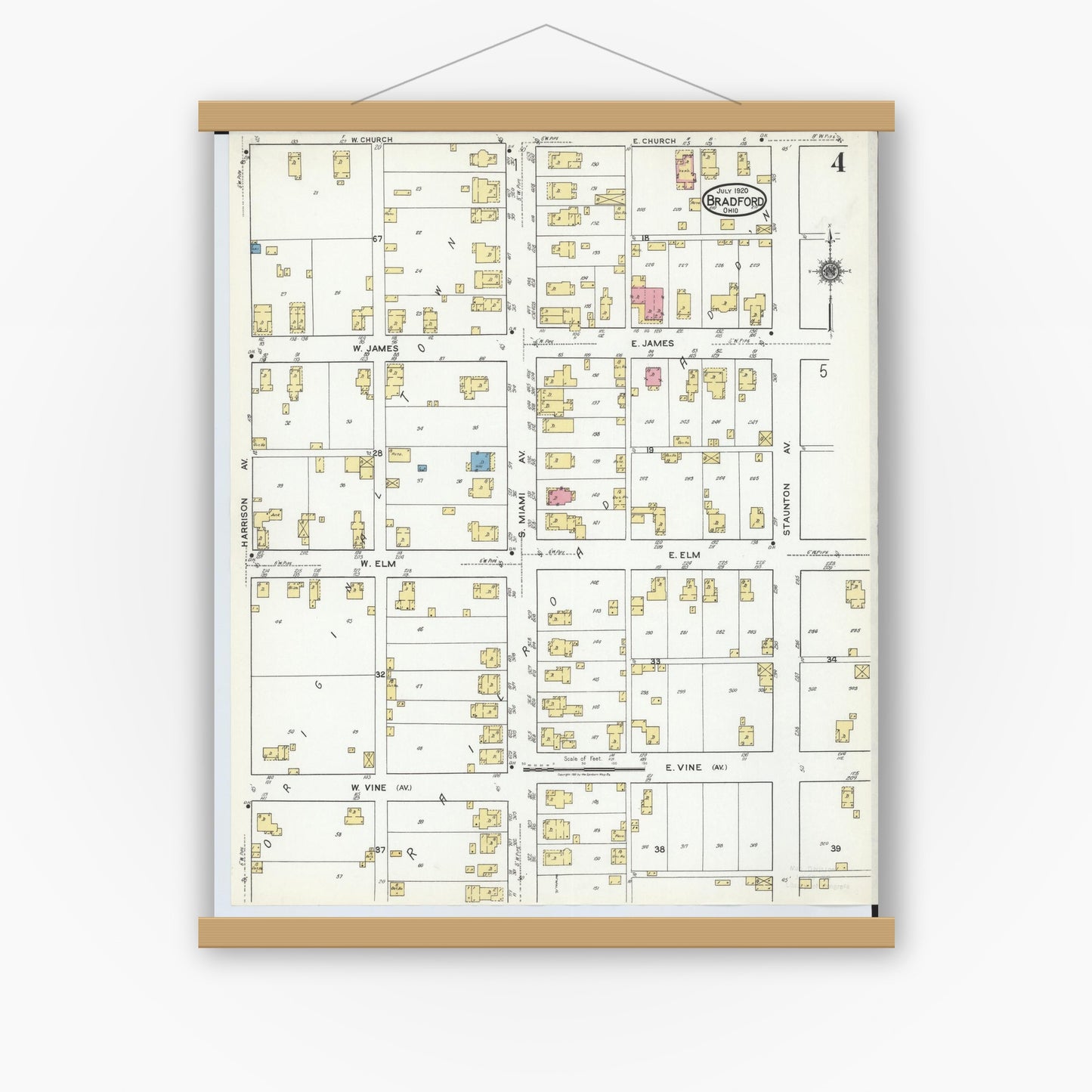 Old map wall art mockup — magnetic wood frame on white wall — Sanborn Fire Insurance Map from Bradford, Darke and Miami Counties, Ohio (1920), Sheet #0004