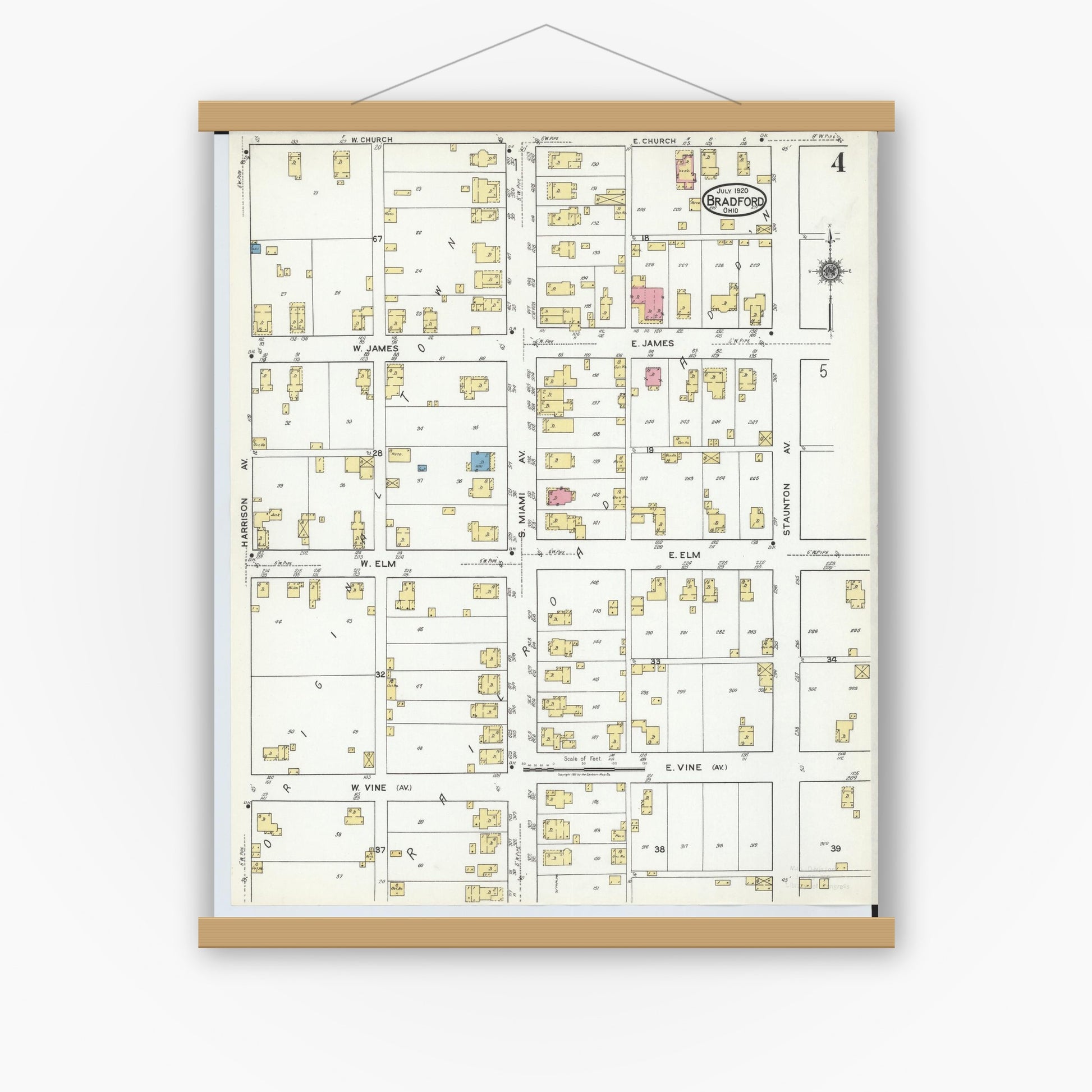 Old map wall art mockup — magnetic wood frame on white wall — Sanborn Fire Insurance Map from Bradford, Darke and Miami Counties, Ohio (1920), Sheet #0004