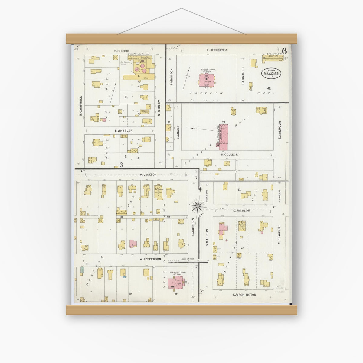 Old map wall art mockup — magnetic wood frame on white wall — Sanborn Fire Insurance Map from Macomb, Mcdonough County, Illinois (1898), Sheet #0006