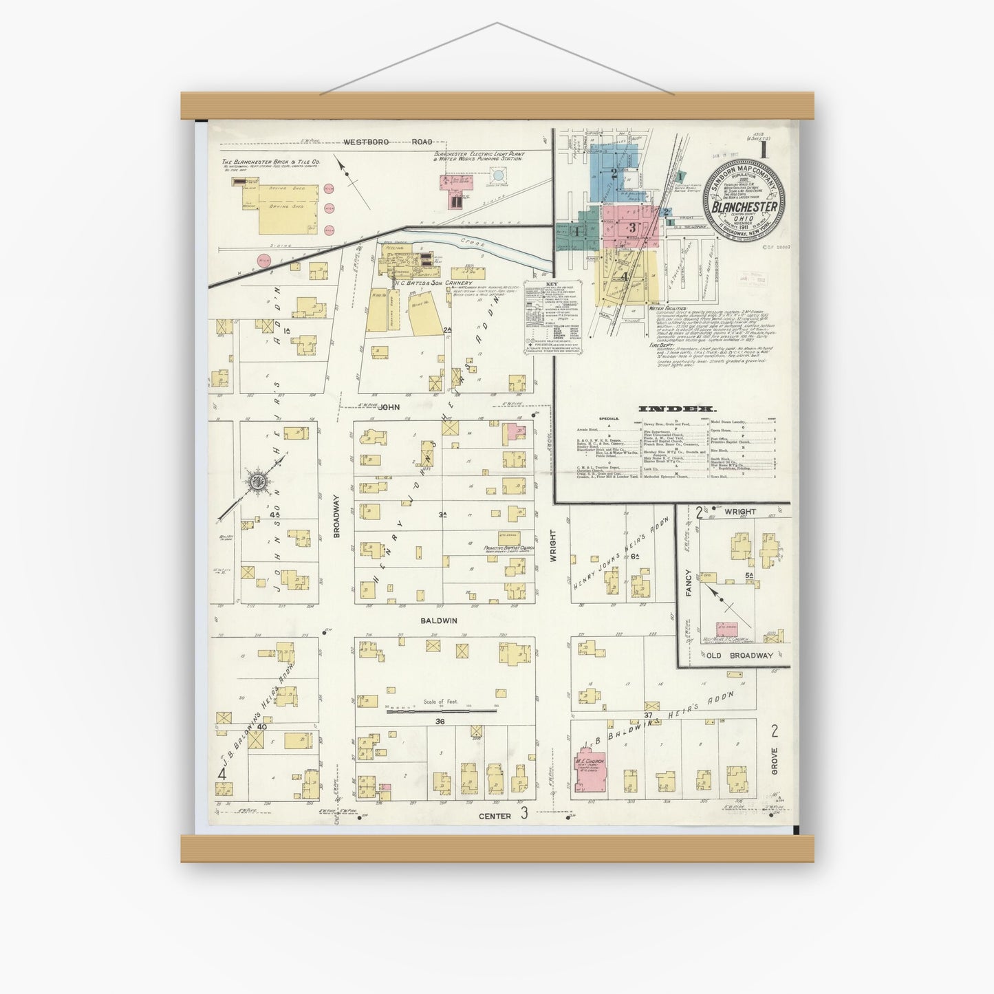 Old map wall art mockup — magnetic wood frame on white wall — Sanborn Fire Insurance Map from Blanchester, Clinton County, Ohio (1911) - Complete Map Set