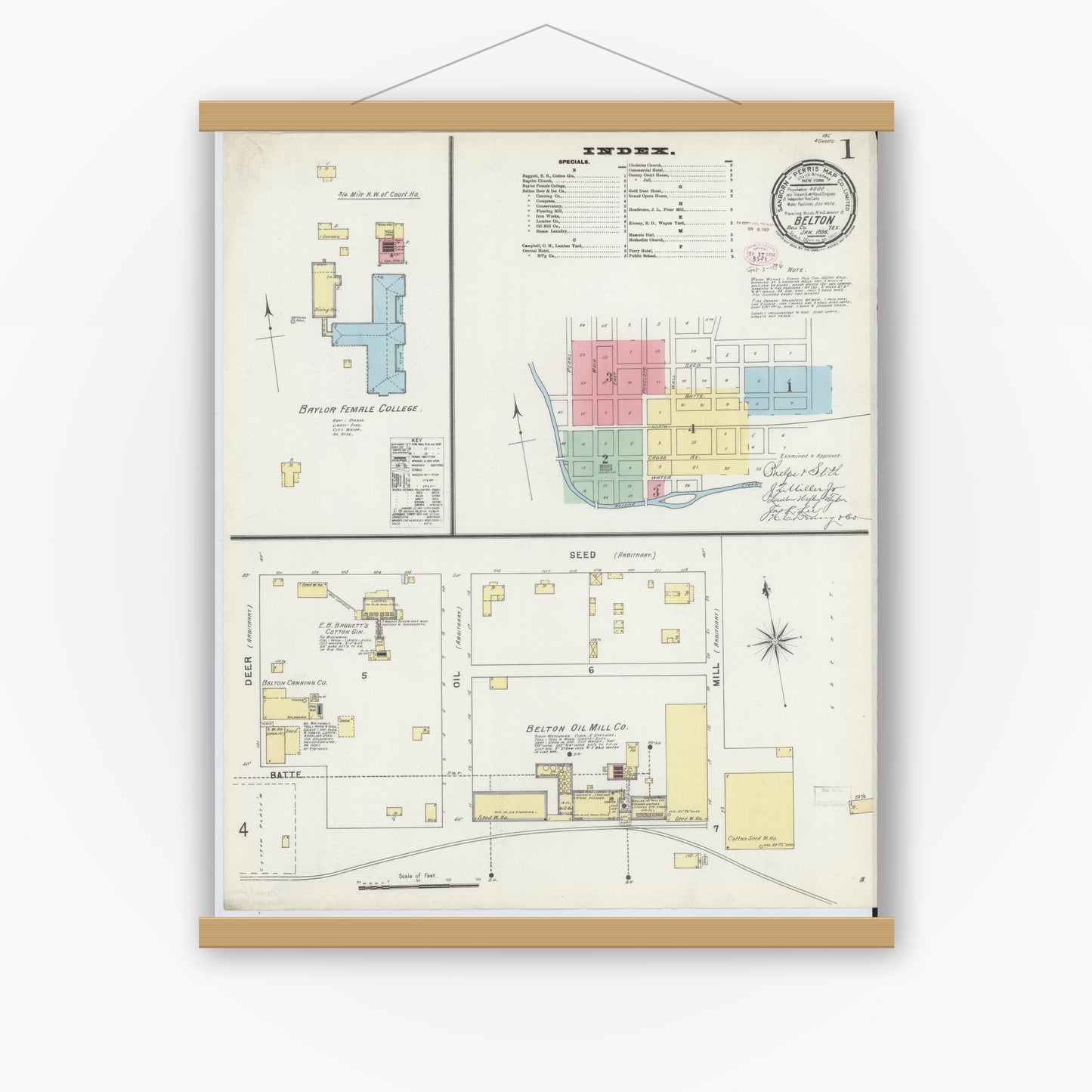 Old map wall art mockup — magnetic wood frame on white wall — Sanborn Fire Insurance Map from Belton, Bell County, Texas (1896), Sheet #0001