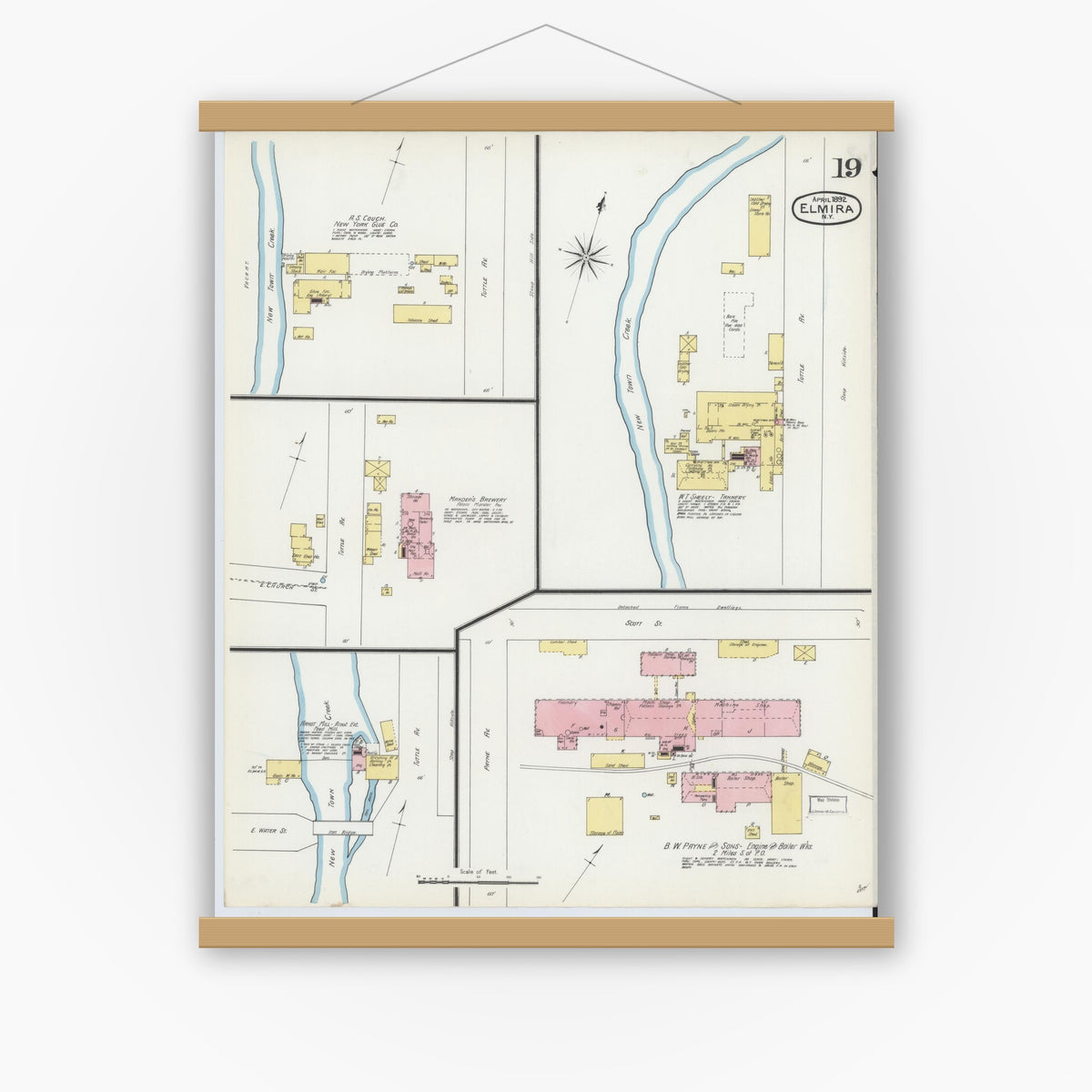 Old map wall art mockup — magnetic wood frame on white wall — Sanborn Fire Insurance Map from Elmira, Chemung County, New York (1892), Sheet #0019