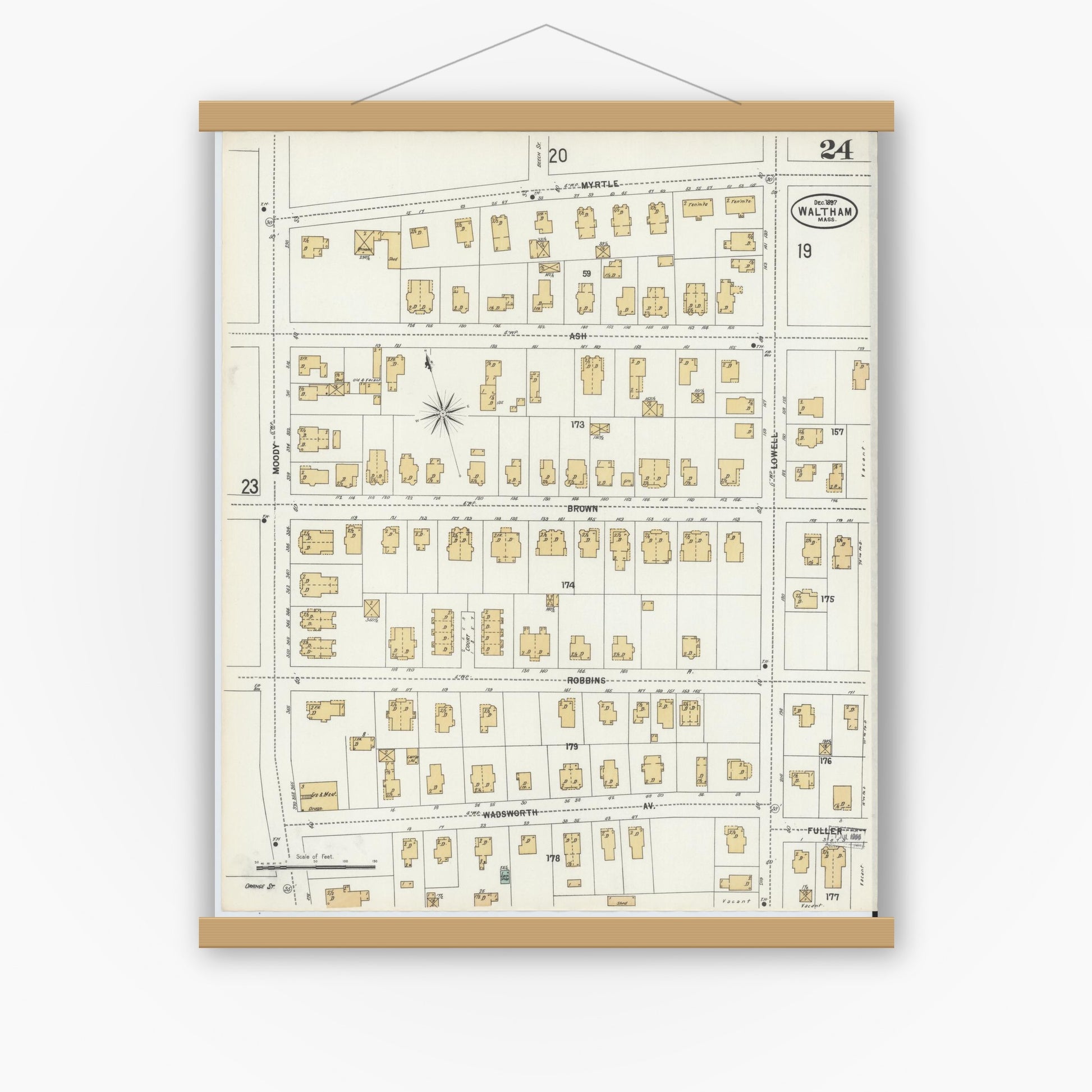 Old map wall art mockup — magnetic wood frame on white wall — Sanborn Fire Insurance Map from Waltham, Middlesex County, Massachusetts (1897), Sheet #0024