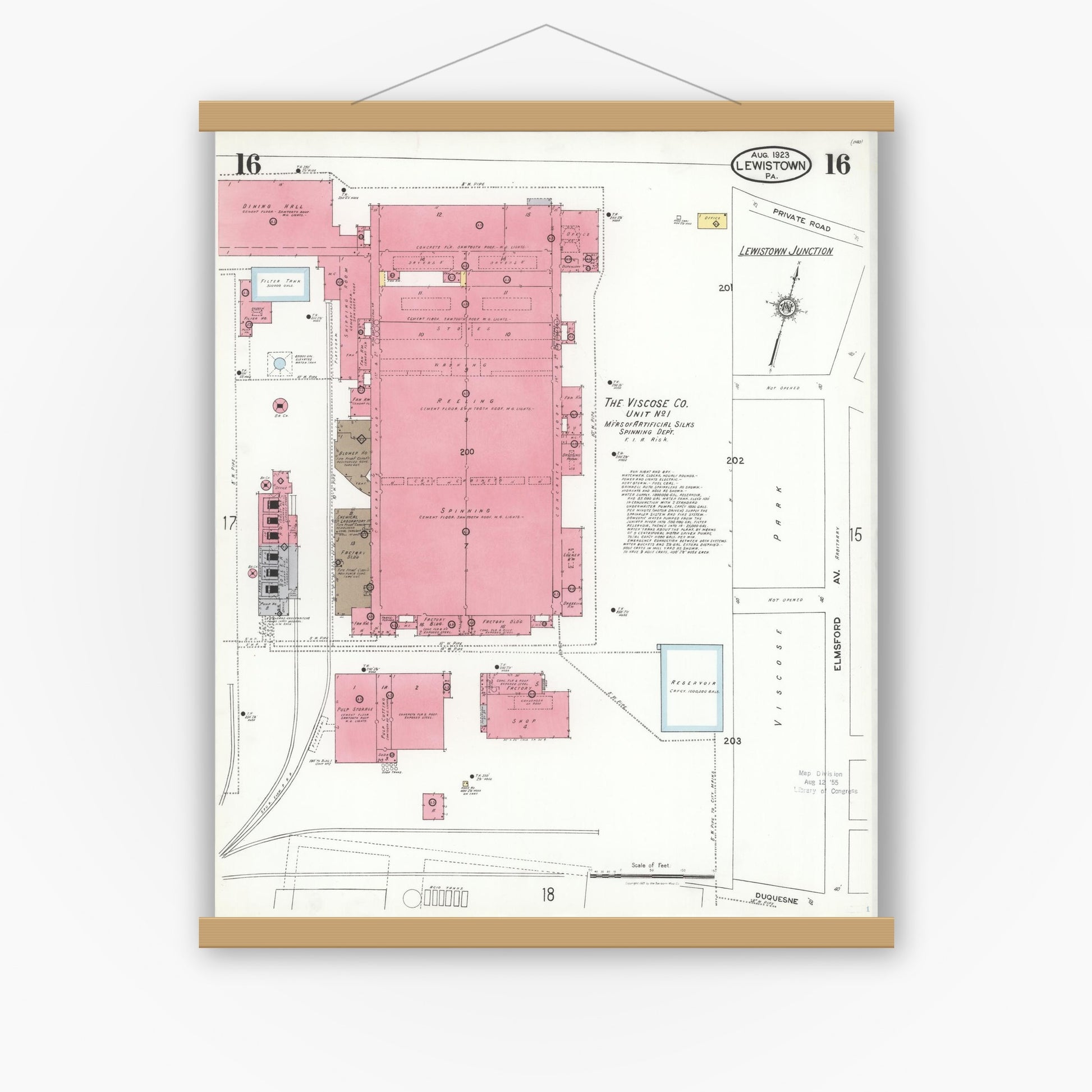 Old map wall art mockup — magnetic wood frame on white wall — Sanborn Fire Insurance Map from Lewistown, Mifflin County, Pennsylvania (1923), Sheet #0016