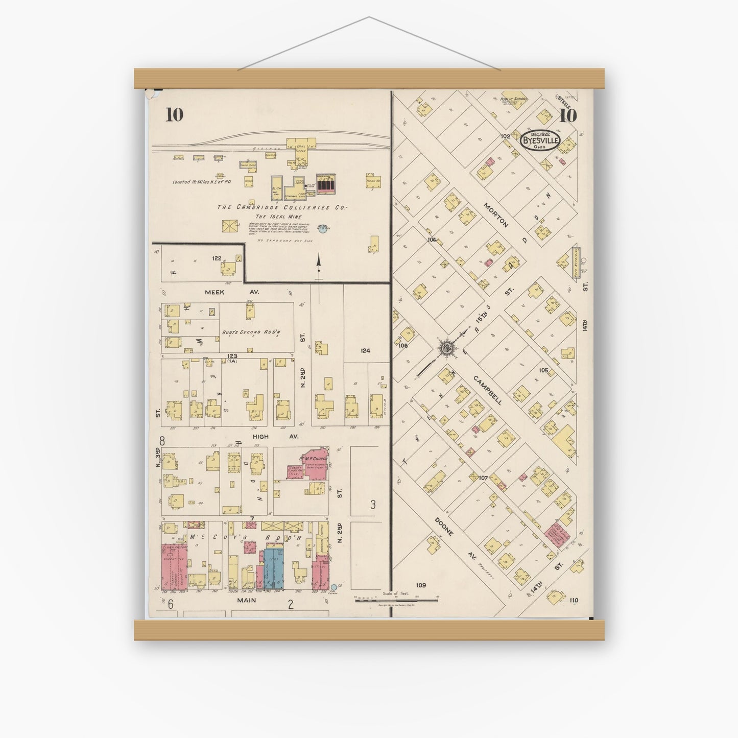 Old map wall art mockup — magnetic wood frame on white wall — Sanborn Fire Insurance Map from Byesville, Guernsey County, Ohio (1922), Sheet #0010