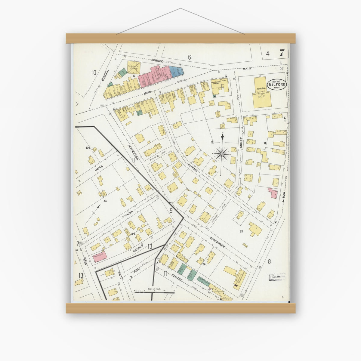 Old map wall art mockup — magnetic wood frame on white wall — Sanborn Fire Insurance Map from Milford, Worcester County, Massachusetts (1903), Sheet #0007
