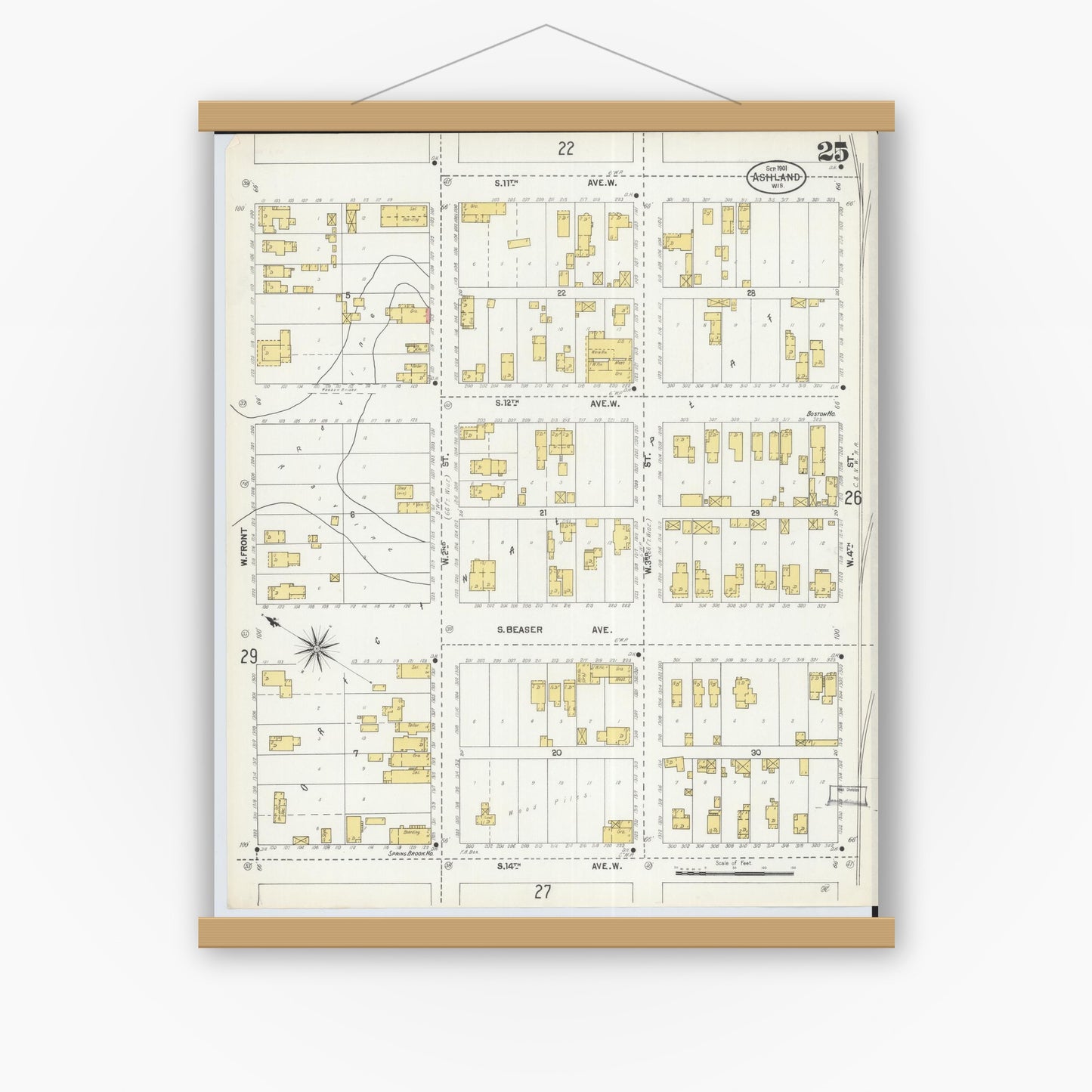 Old map wall art mockup — magnetic wood frame on white wall — Sanborn Fire Insurance Map from Ashland, Ashland County, Wisconsin (1901), Sheet #0025