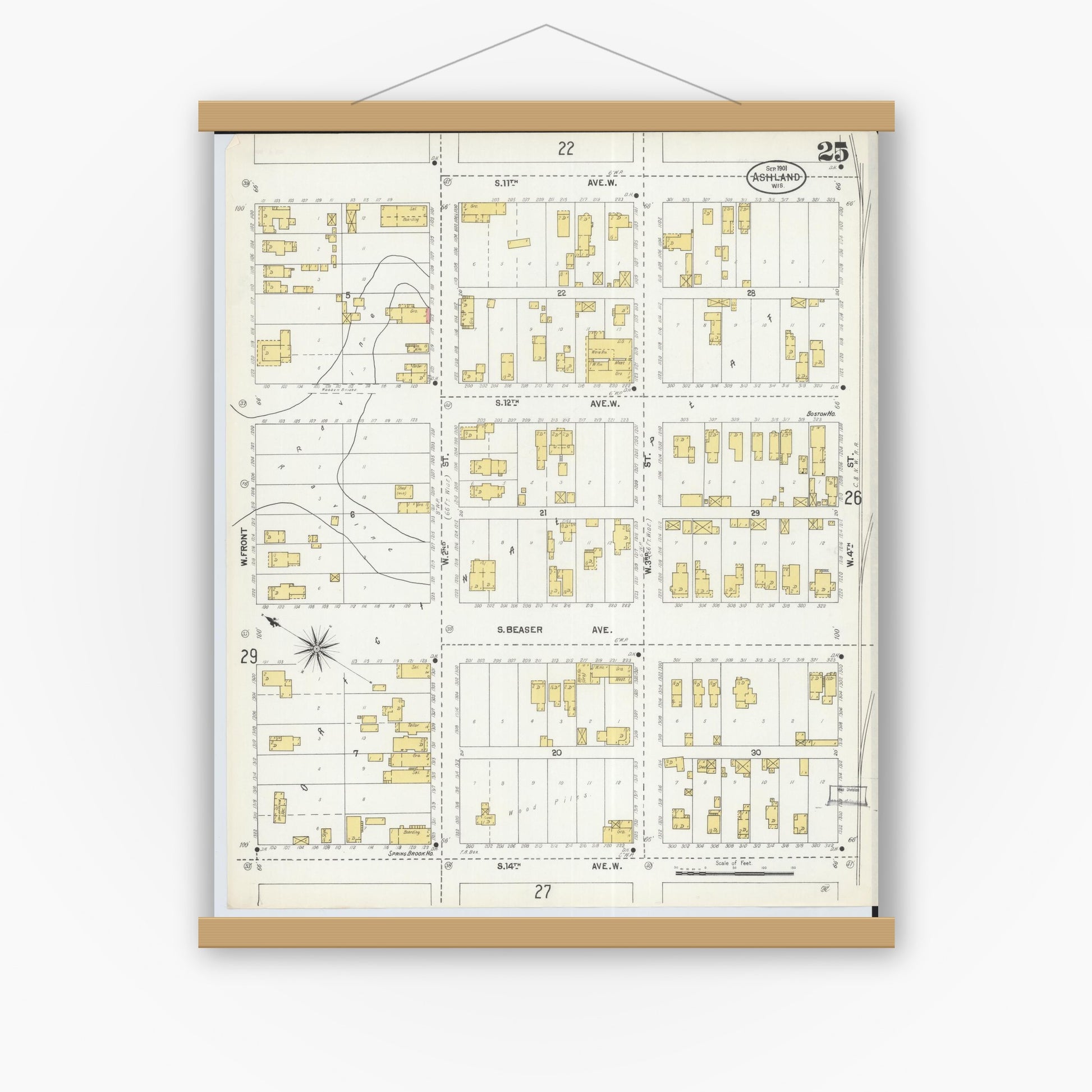 Old map wall art mockup — magnetic wood frame on white wall — Sanborn Fire Insurance Map from Ashland, Ashland County, Wisconsin (1901), Sheet #0025