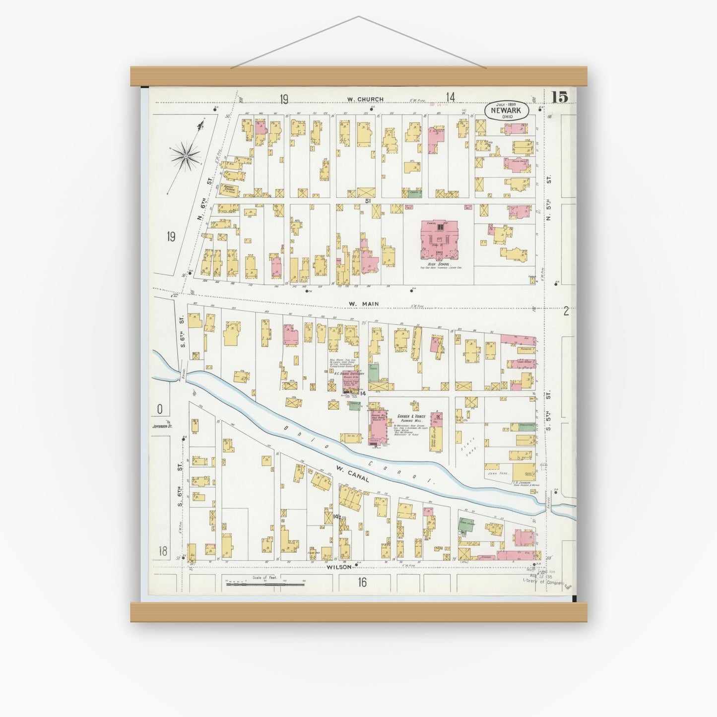Old map wall art mockup — magnetic wood frame on white wall — Sanborn Fire Insurance Map from Newark, Licking County, Ohio (1899), Sheet #0015