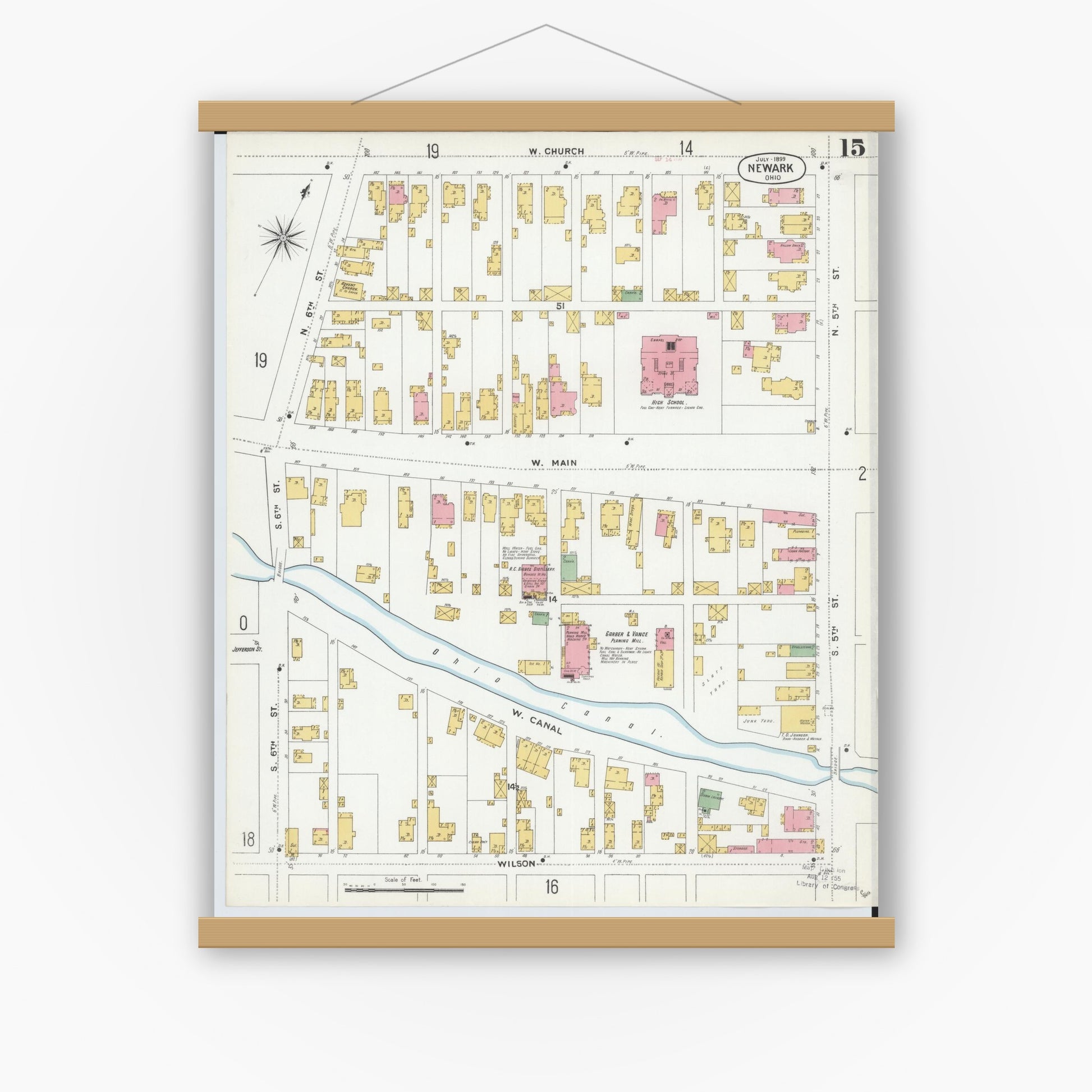 Old map wall art mockup — magnetic wood frame on white wall — Sanborn Fire Insurance Map from Newark, Licking County, Ohio (1899), Sheet #0015