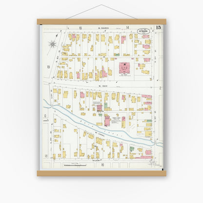 Old map wall art mockup — magnetic wood frame on white wall — Sanborn Fire Insurance Map from Newark, Licking County, Ohio (1899), Sheet #0015