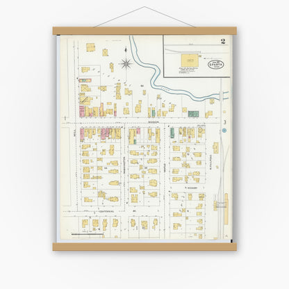Old map wall art mockup — magnetic wood frame on white wall — Sanborn Fire Insurance Map from Sparta, Kent County, Michigan (1904), Sheet #0002