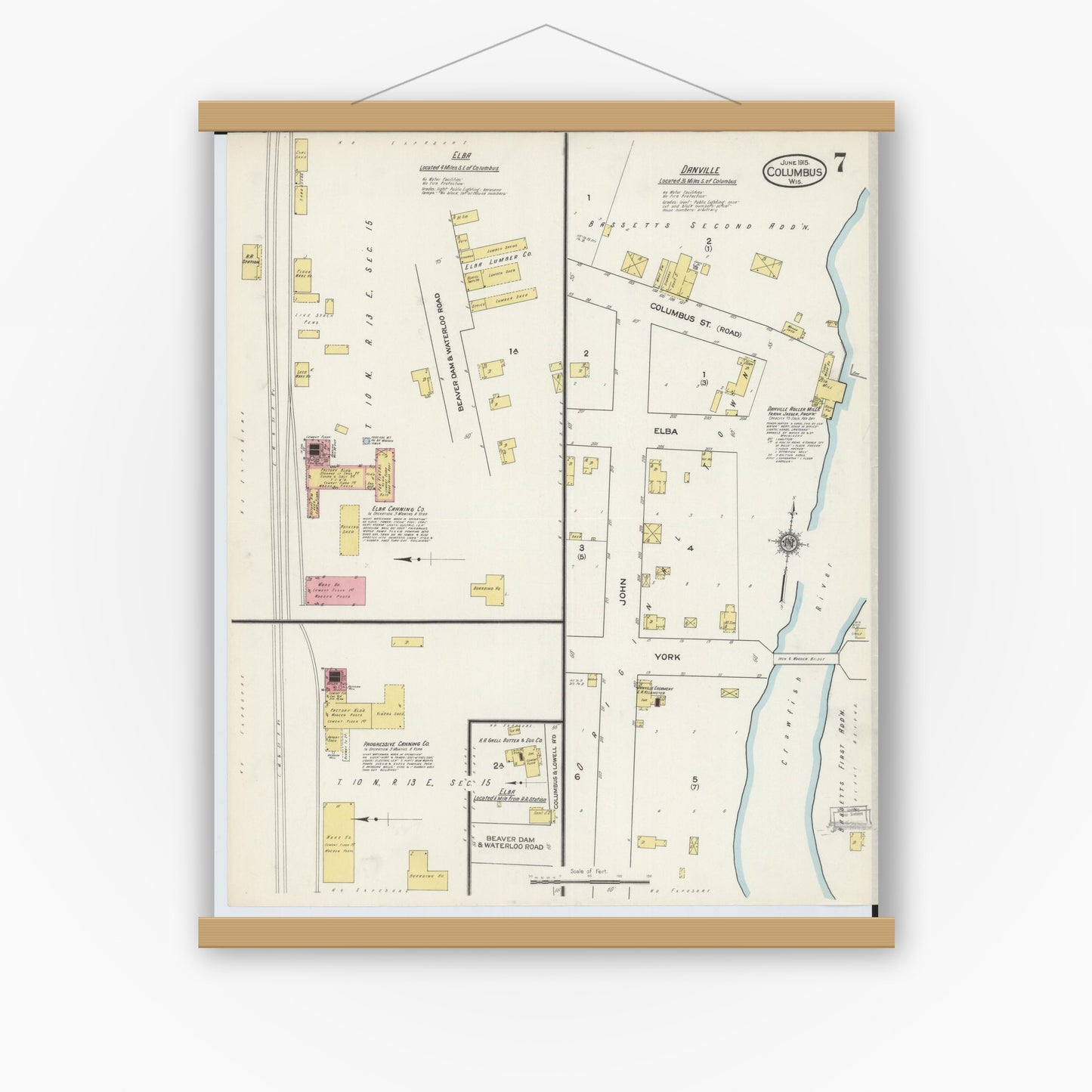Old map wall art mockup — magnetic wood frame on white wall — Sanborn Fire Insurance Map from Columbus, Columbia and Dodge County, Wisconsin (1915), Sheet #0007
