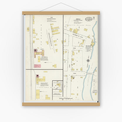 Old map wall art mockup — magnetic wood frame on white wall — Sanborn Fire Insurance Map from Columbus, Columbia and Dodge County, Wisconsin (1915), Sheet #0007