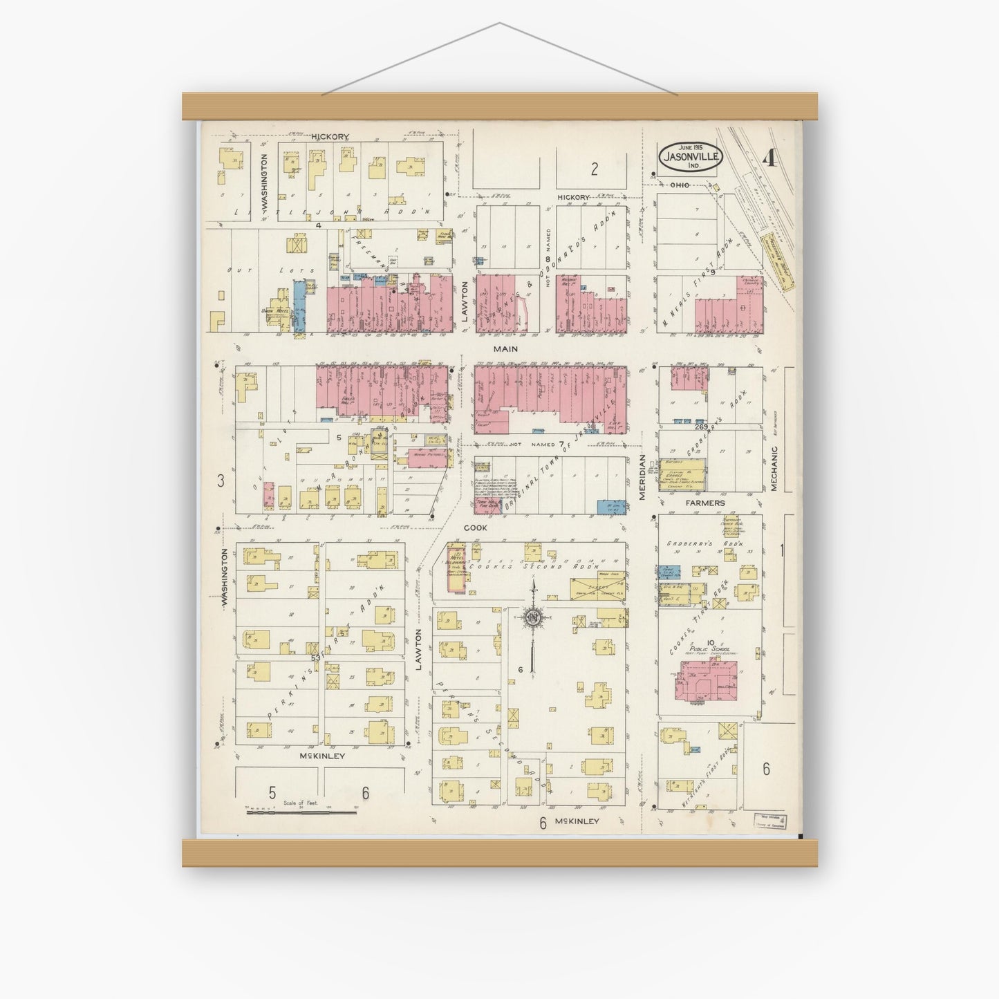 Old map wall art mockup — magnetic wood frame on white wall — Sanborn Fire Insurance Map from Jasonville, Greene County, Indiana (1915), Sheet #0004