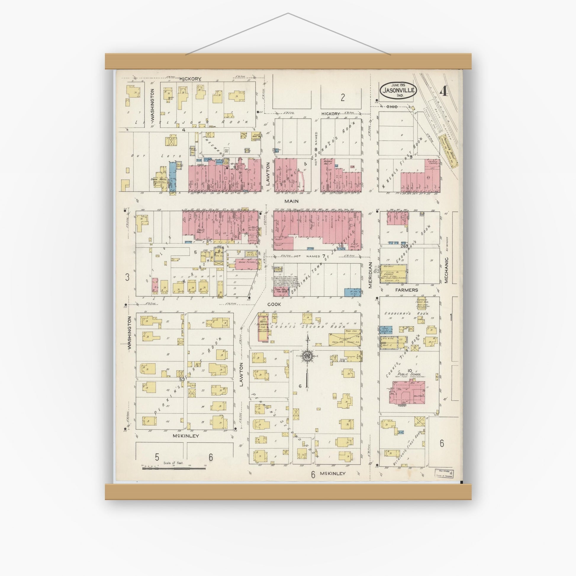 Old map wall art mockup — magnetic wood frame on white wall — Sanborn Fire Insurance Map from Jasonville, Greene County, Indiana (1915), Sheet #0004