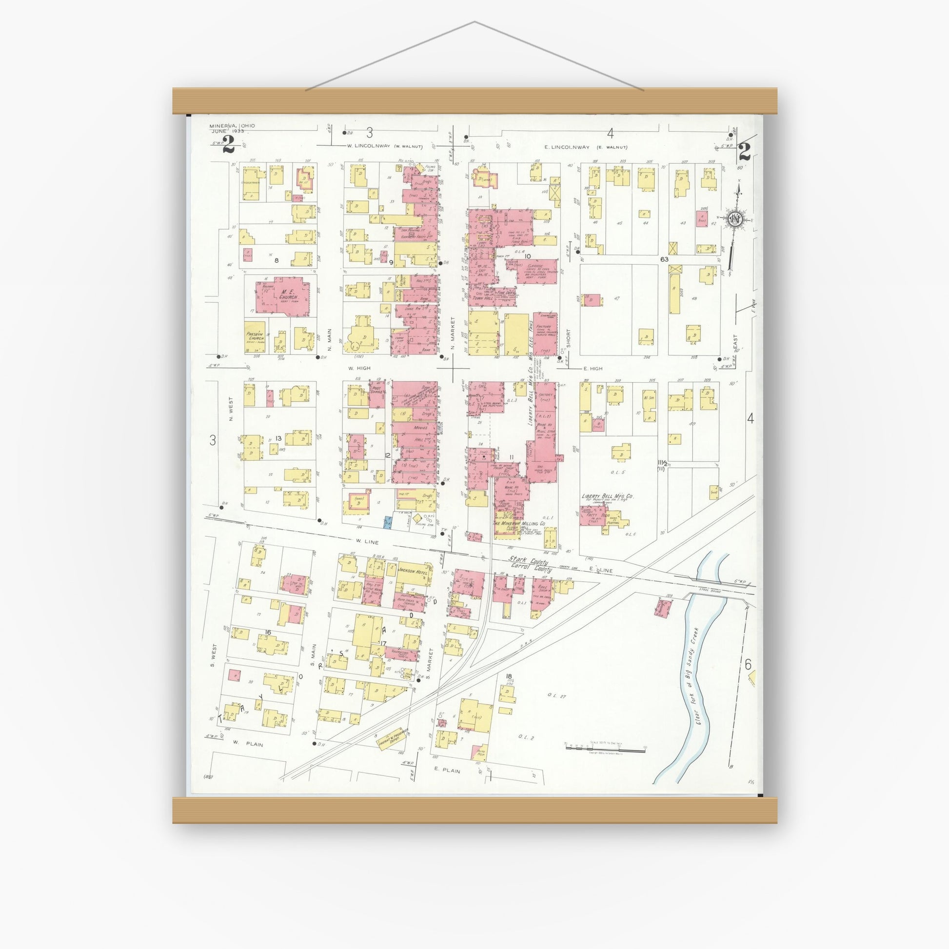 Old map wall art mockup — magnetic wood frame on white wall — Sanborn Fire Insurance Map from Minerva, Stark And Carroll Counties, Ohio (1933), Sheet #0002