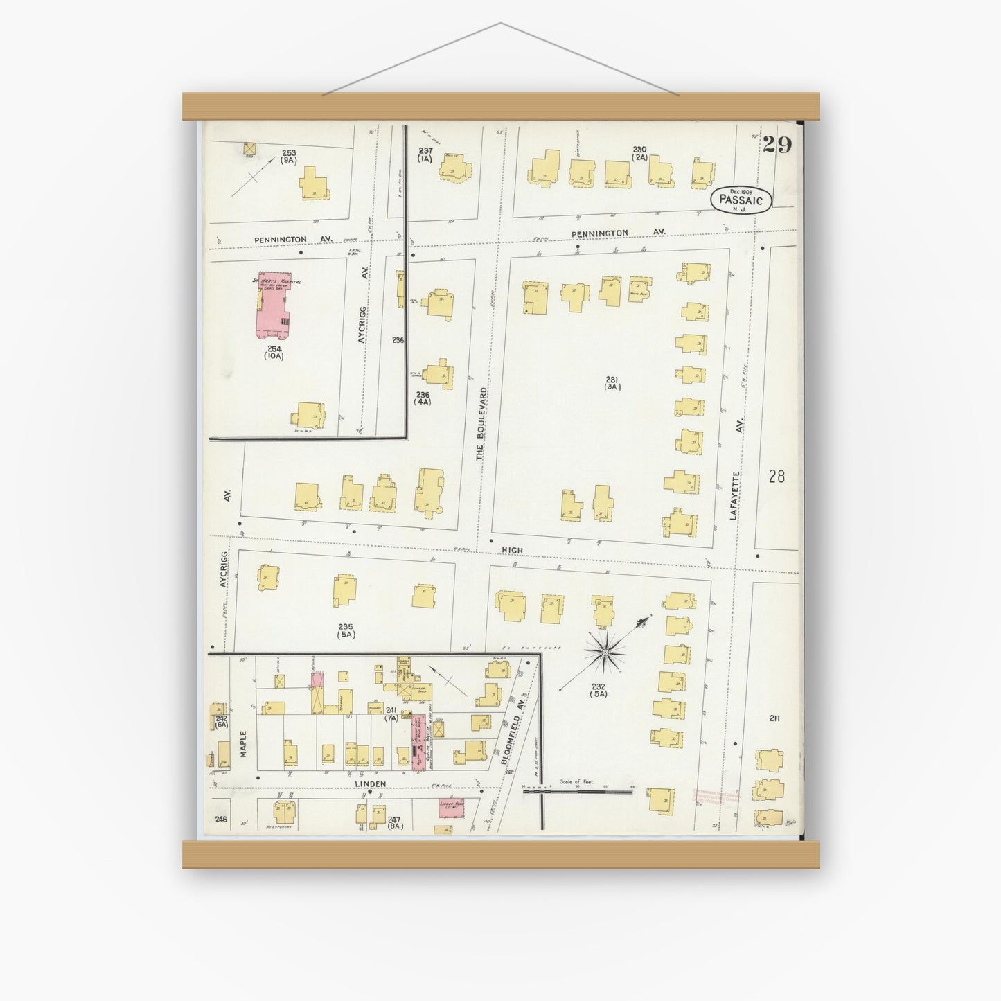 Old map wall art mockup — magnetic wood frame on white wall — Sanborn Fire Insurance Map from Passaic, Passaic County, New Jersey (1903), Sheet #0029