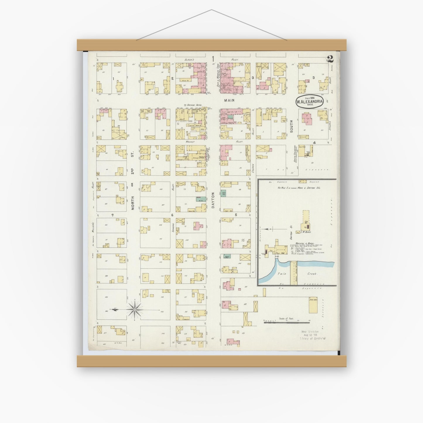 Old map wall art mockup — magnetic wood frame on white wall — Sanborn Fire Insurance Map from West Alexandria, Preble County, Ohio (1896), Sheet #0002