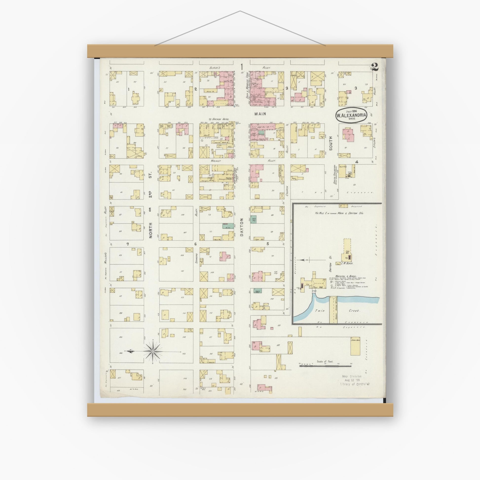Old map wall art mockup — magnetic wood frame on white wall — Sanborn Fire Insurance Map from West Alexandria, Preble County, Ohio (1896), Sheet #0002