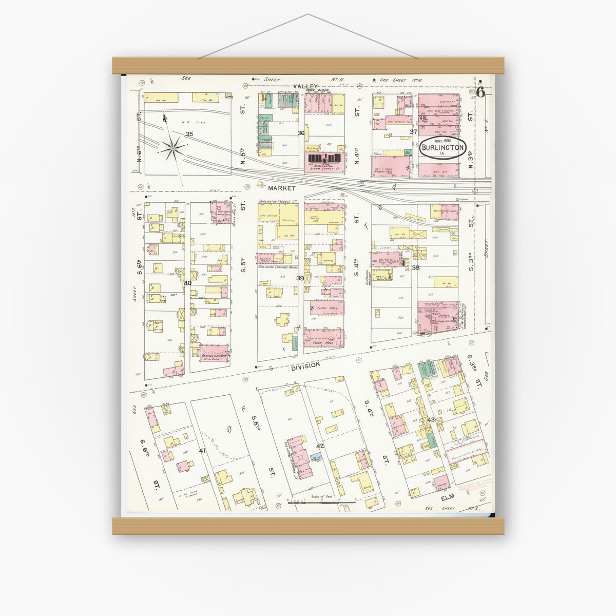 Old map wall art mockup — magnetic wood frame on white wall — Sanborn Fire Insurance Map from Burlington, Des Moines County, Iowa (1892), Sheet #0006