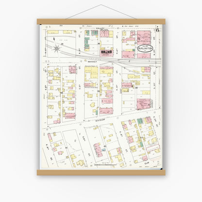 Old map wall art mockup — magnetic wood frame on white wall — Sanborn Fire Insurance Map from Burlington, Des Moines County, Iowa (1892), Sheet #0006