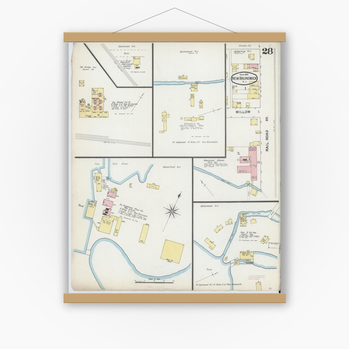 Old map wall art mockup — magnetic wood frame on white wall — Sanborn Fire Insurance Map from New Brunswick, Middlesex County, New Jersey (1892), Sheet #0028