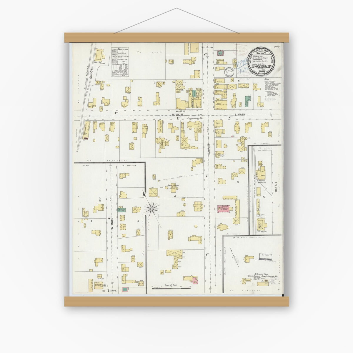Old map wall art mockup — magnetic wood frame on white wall — Sanborn Fire Insurance Map from South New Berlin, Chenango County, New York (1899), Sheet #0001