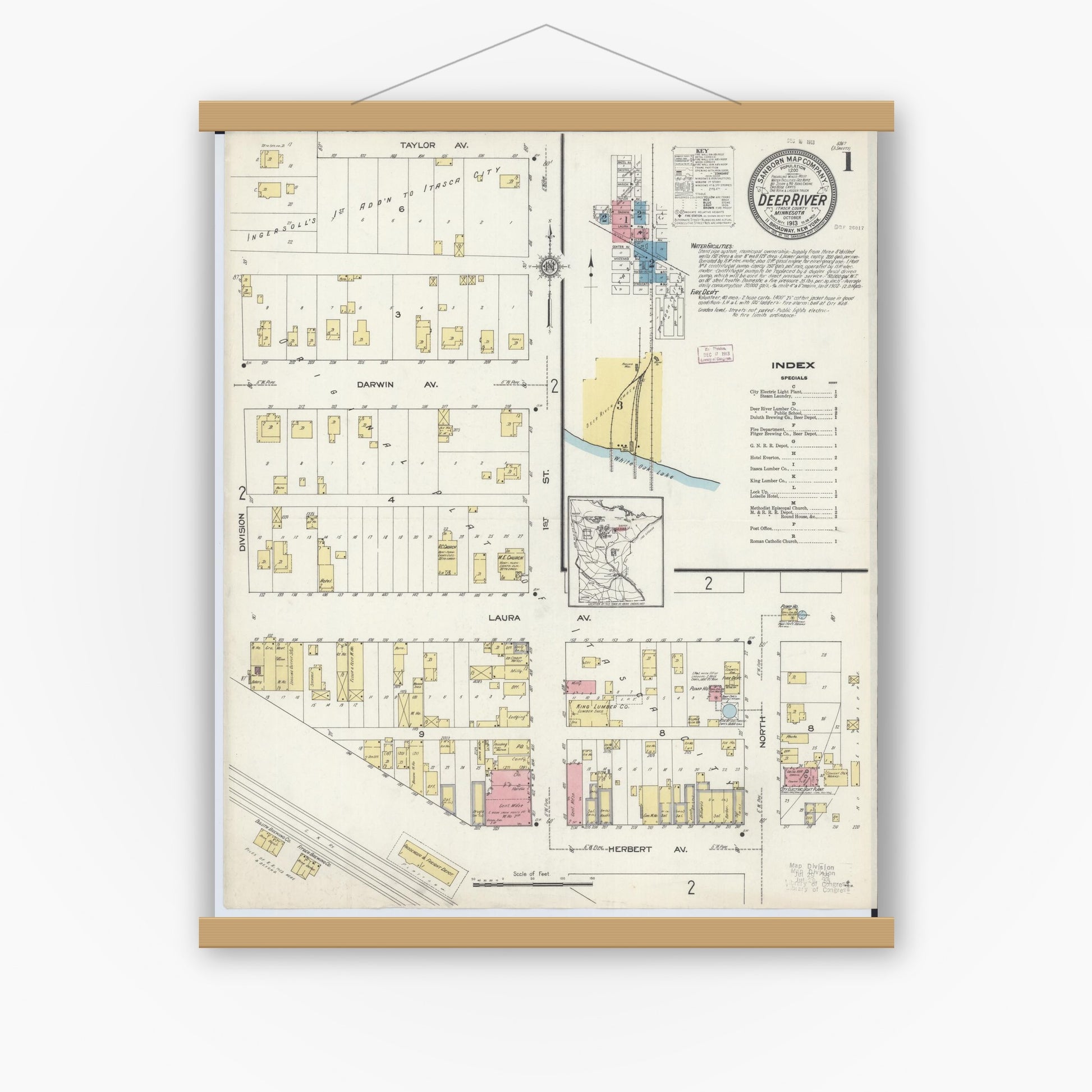 Old map wall art mockup — magnetic wood frame on white wall — Sanborn Fire Insurance Map from Deer River, Itasca County, Minnesota (1913) - Complete Map Set