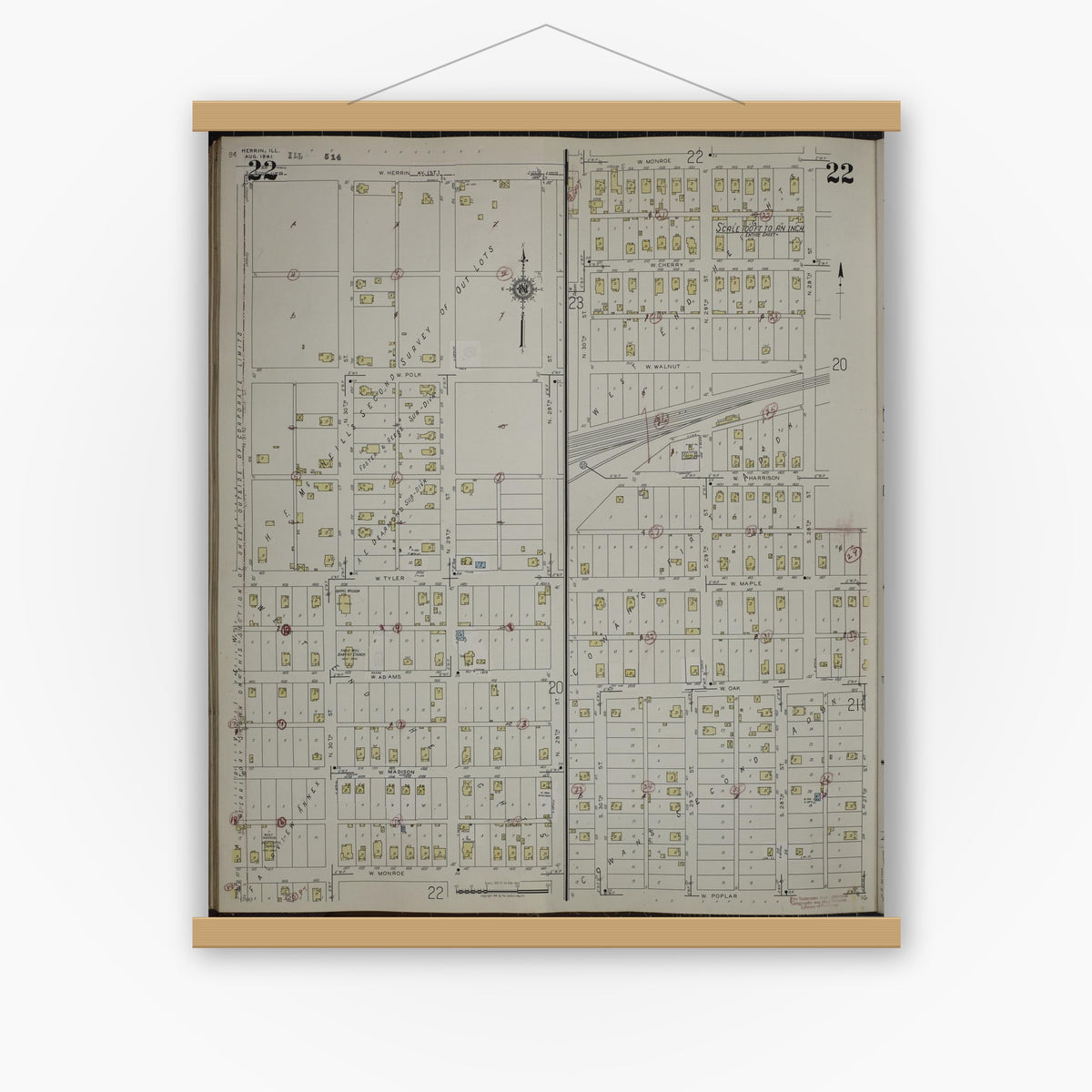 Old map wall art mockup — magnetic wood frame on white wall — Sanborn Fire Insurance Map from Herrin, Williamson County, Illinois (1947), Sheet #0022