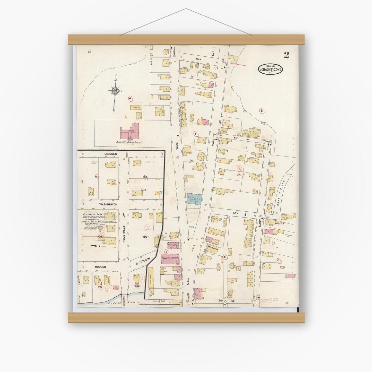 Old map wall art mockup — magnetic wood frame on white wall — Sanborn Fire Insurance Map from Schaghticoke, Rensselaer County, New York (1938), Sheet #0002